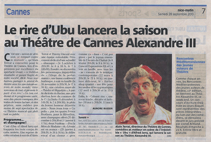 Nice Matin – Le rire d’Ubu lancera la saison au théâtre de Cannes Alexandre III